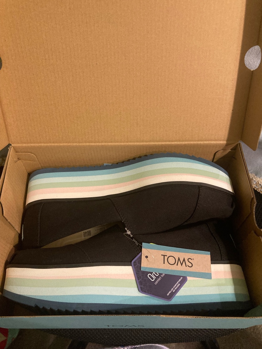 TOMS Platform Alpargata Black Canvas Pastel Striped Sole 9.5 NIB - Picture 5 of 6